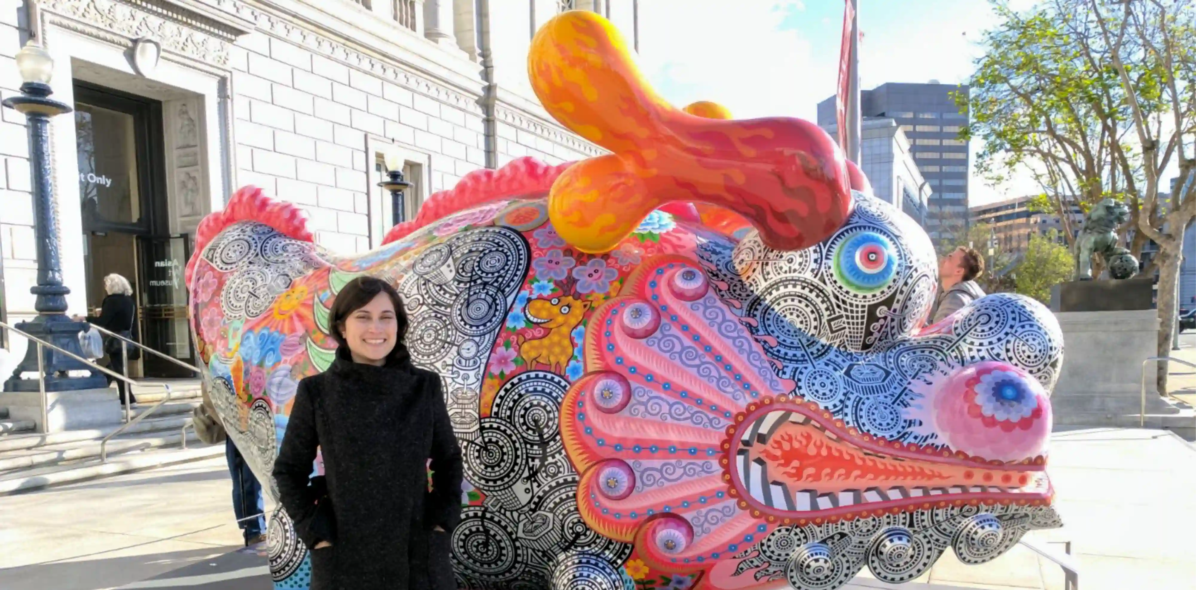 Photo of me and the dragon fortune by Hung Yi. Sculpture in front of the Asian art museum in SF.