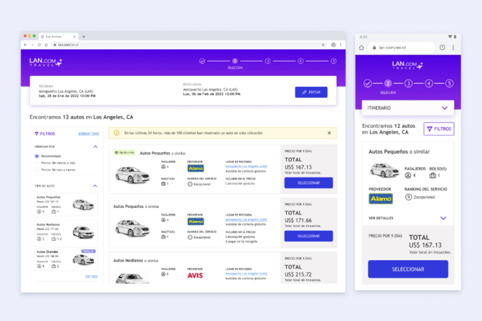 Screenshots of the final design for the search result page of rental car process.