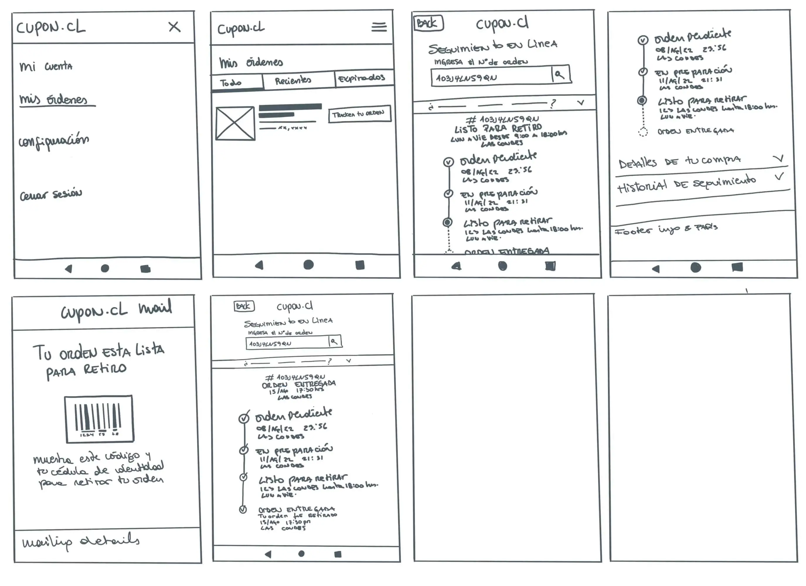 Photo of sketches to show the user flow looking to identify new interactions on mobile.